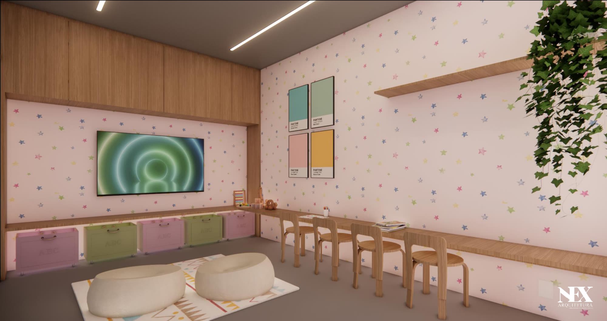 Brinquedoteca do projeto: sala infantil com TV, mesinhas, caixas de brinquedos e quadros coloridos