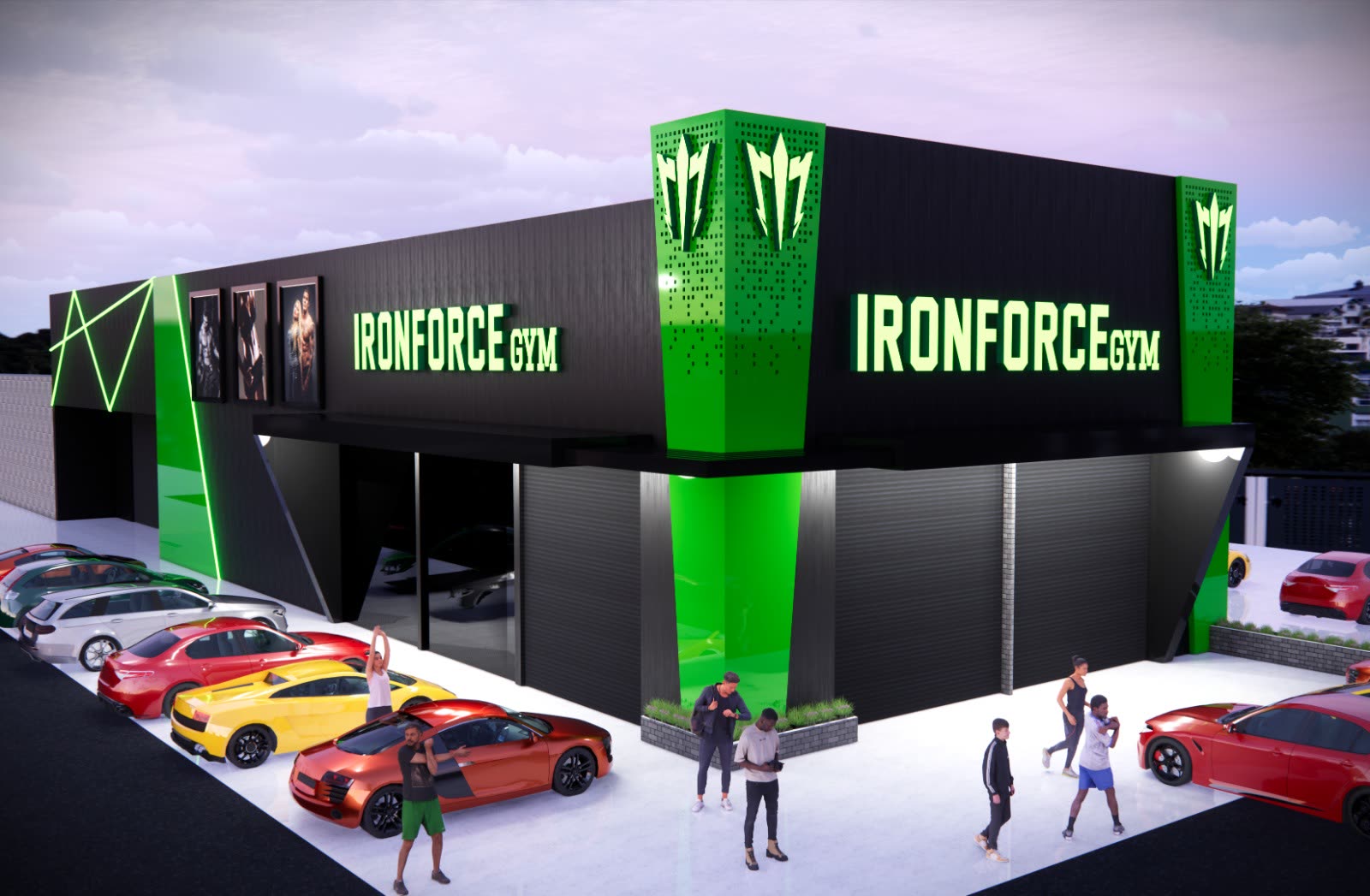 Fachada da Ironforce Academia — projeto em preto com letreiro neon verde