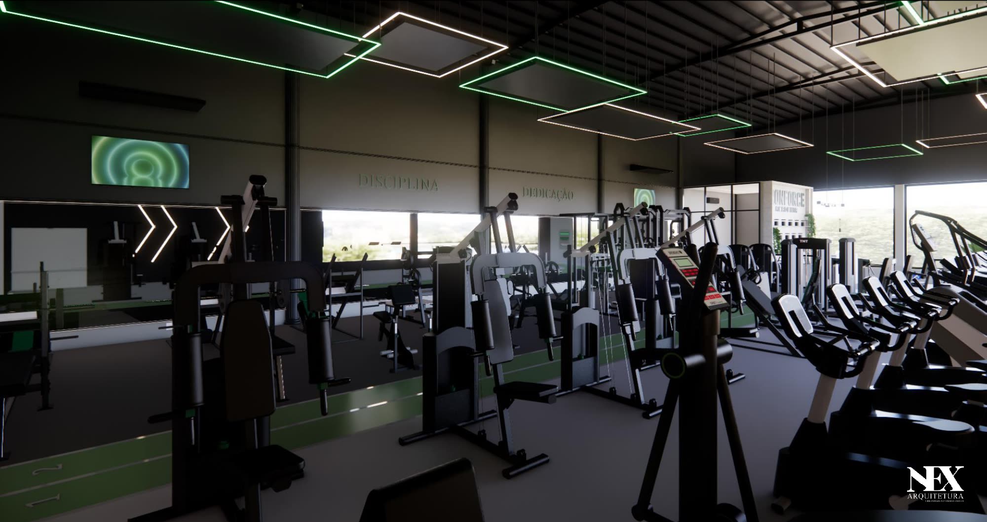 Salão de musculação com máquinas e iluminação de teto em neon verde