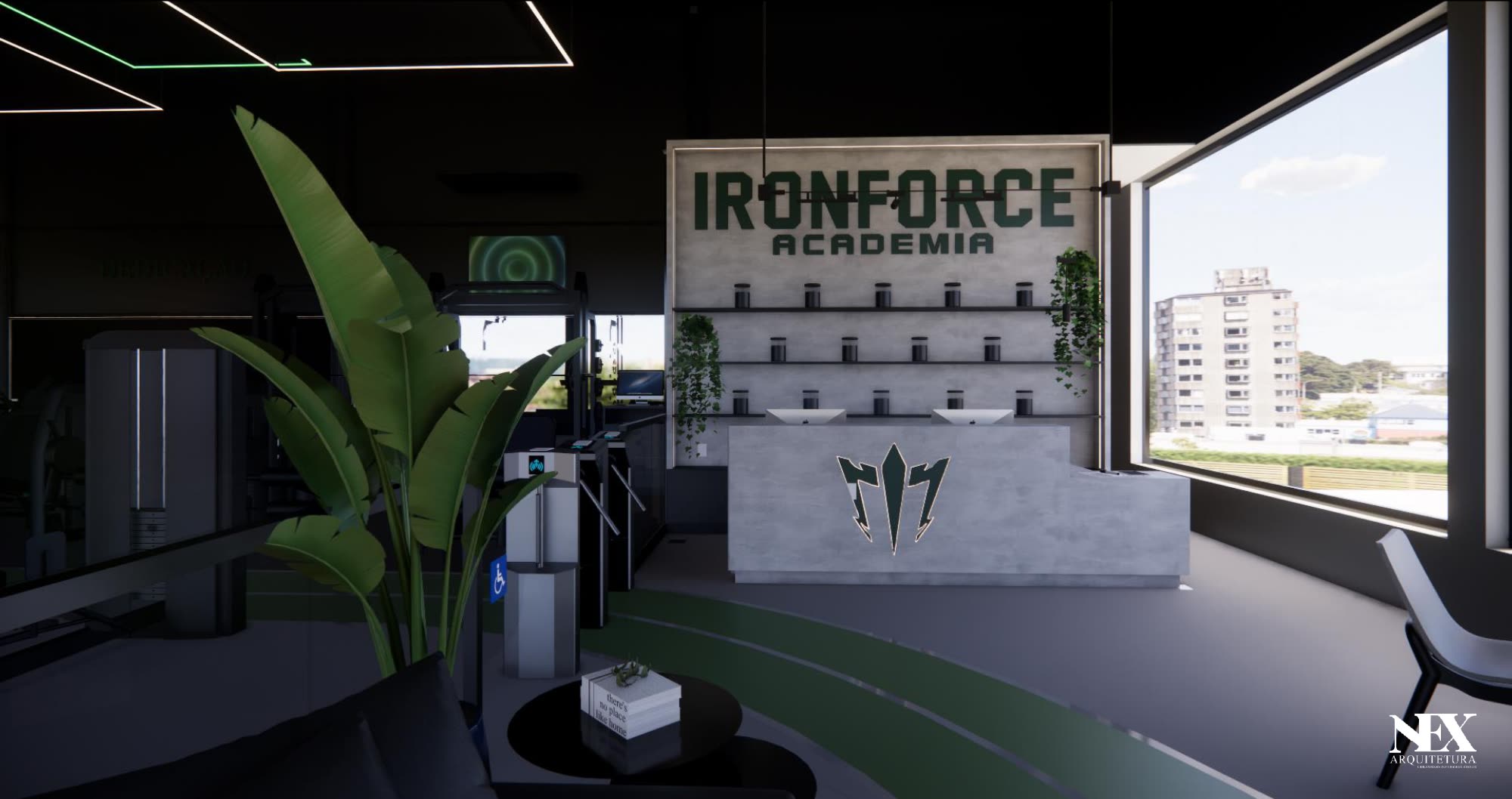 Recepção com catracas de acesso e parede de concreto com a marca Ironforce